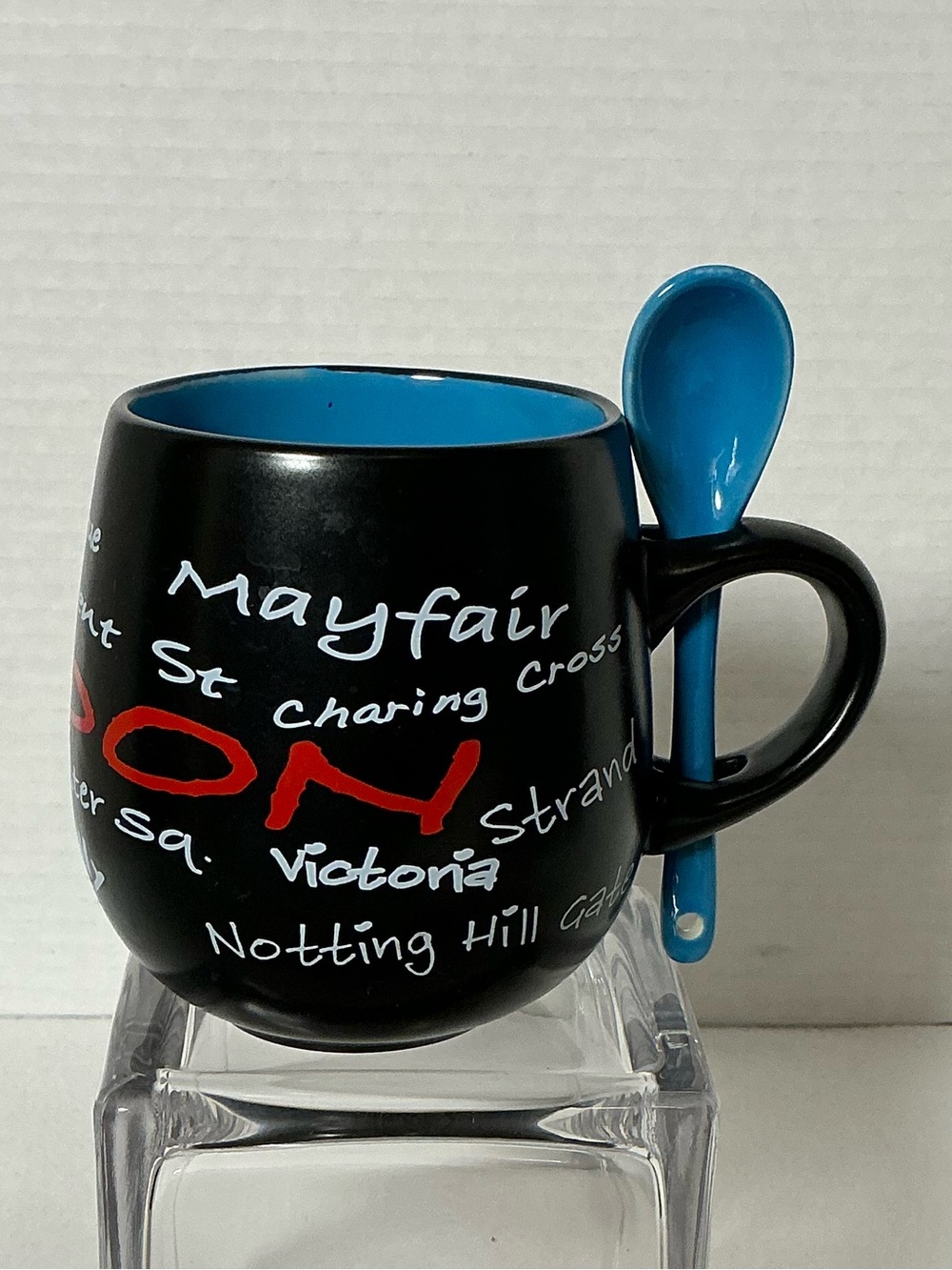 Awnhill of London Black Mug With Blue Spoon Souvenir